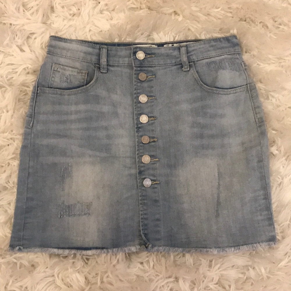 Distressed light denim skirt